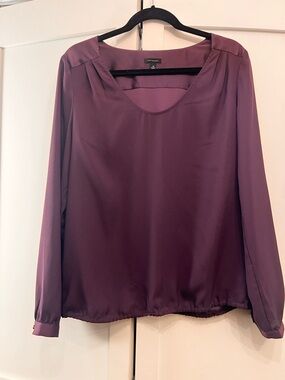 Ann Taylor Plum Long-Sleeve Satin-Look Blouse